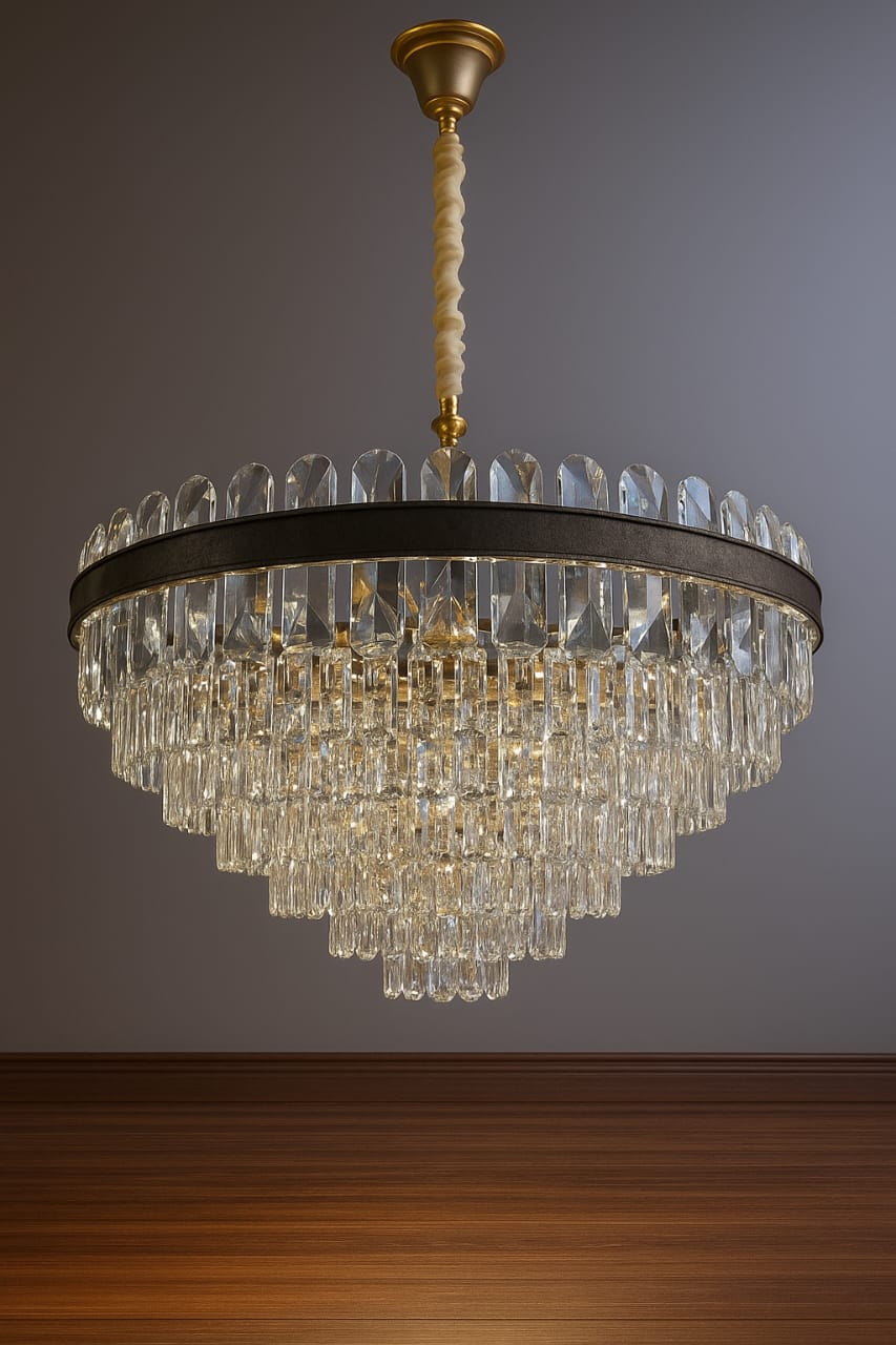 Chandelier hanging against a gray wall with wooden floor