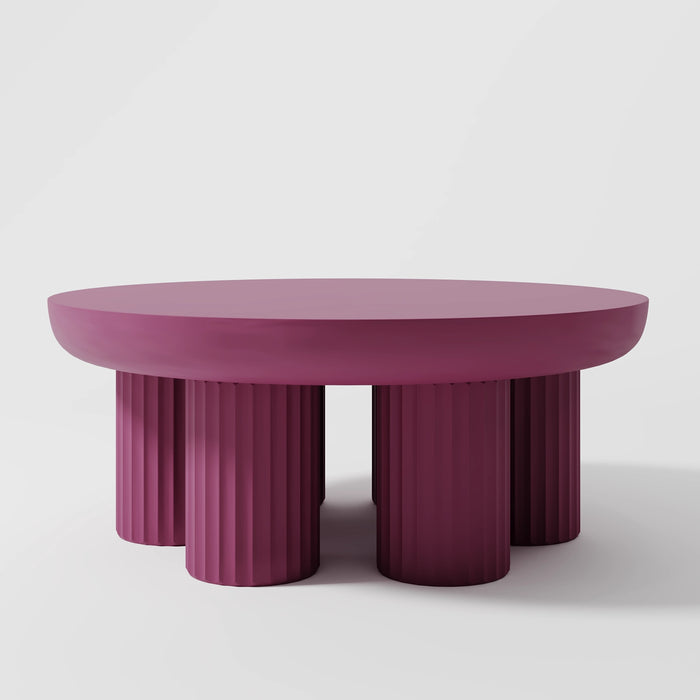 Architectural Matte Purple Table featuring a Thick Round Top and Textured Fluted Base