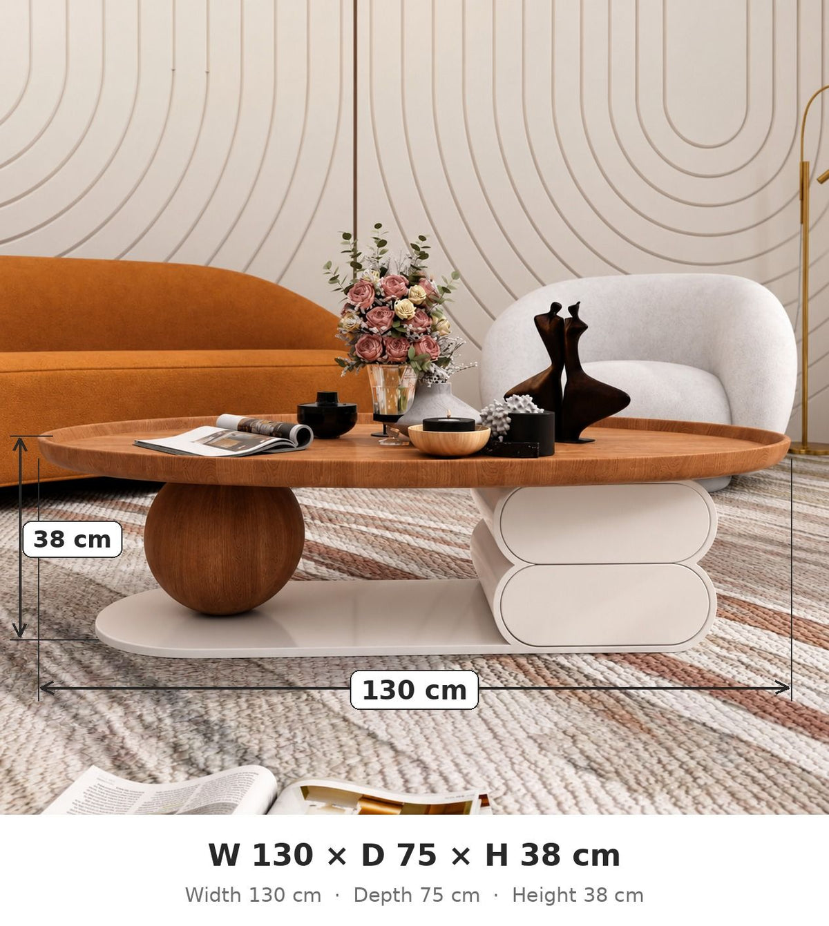 Pebble coffee table dimensions: W 130 x D 75 x H 38 cm