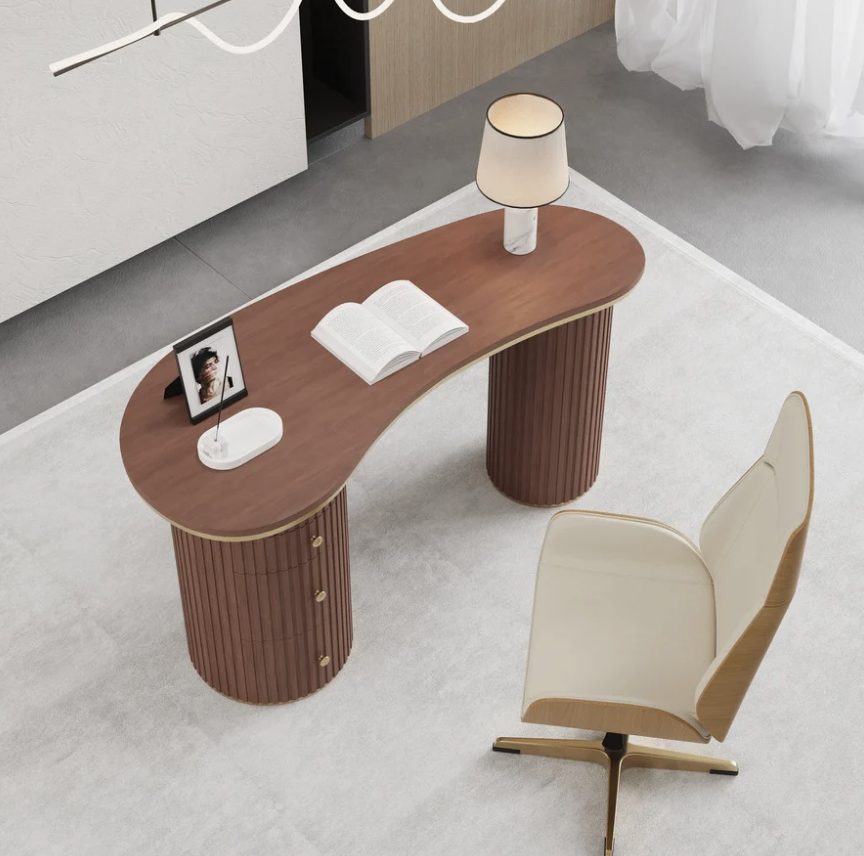 Kira walnut kidney-shaped desk seen from above