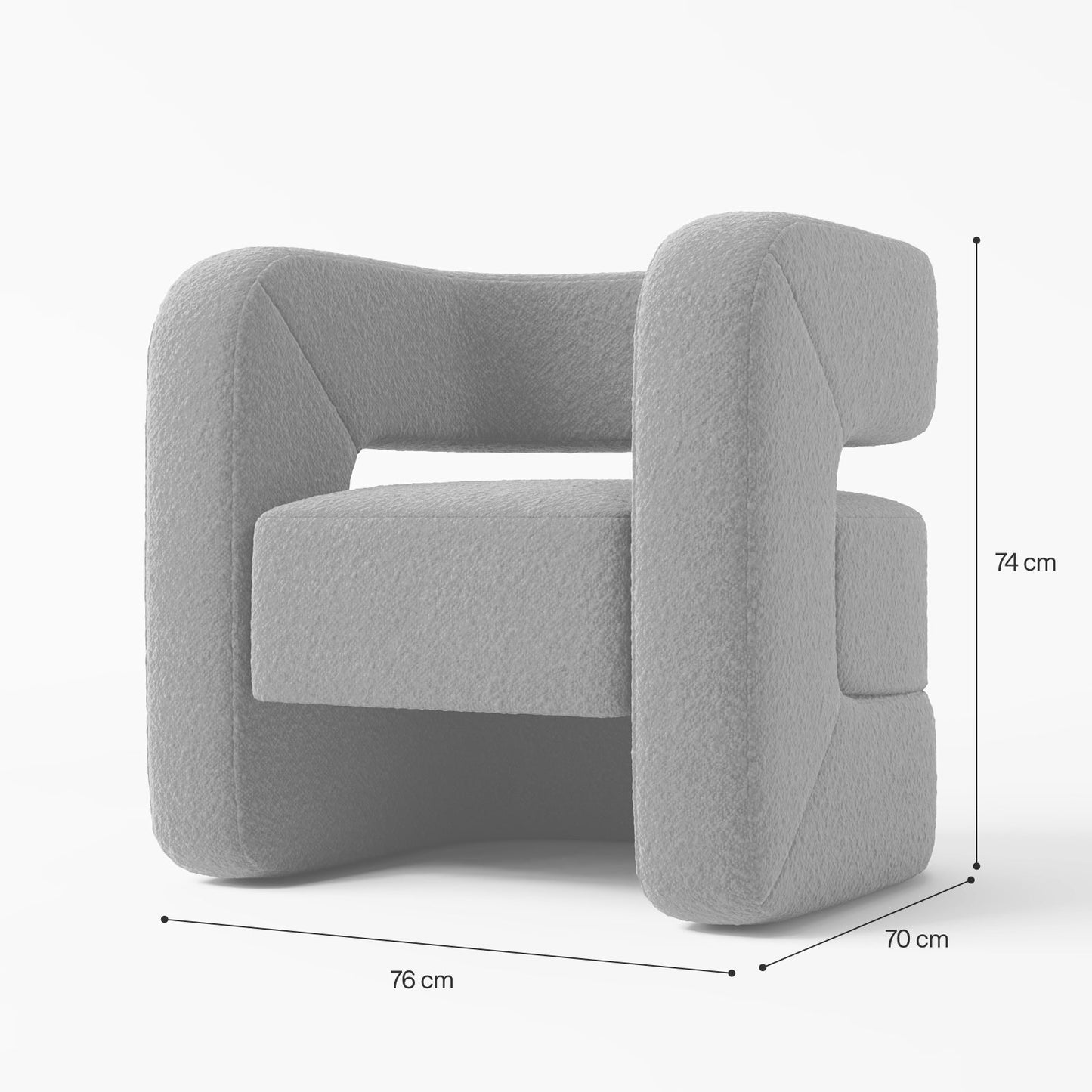 Contemporary Charcoal Bouclé Armchair with Monolithic C-Frame