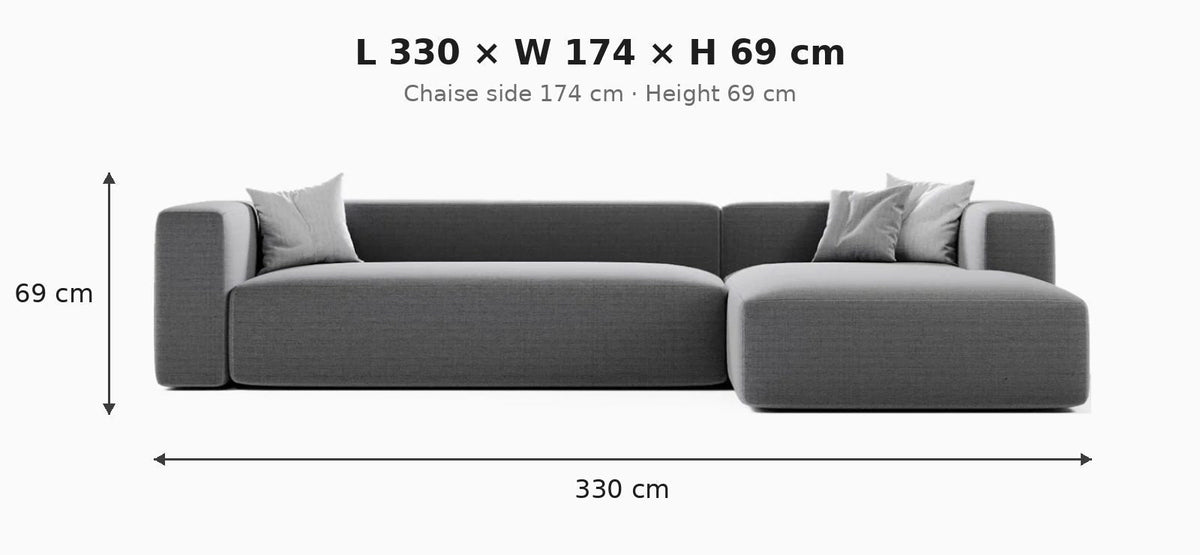 Mesa sofa dimensions: L 330 x W 174 x H 69 cm