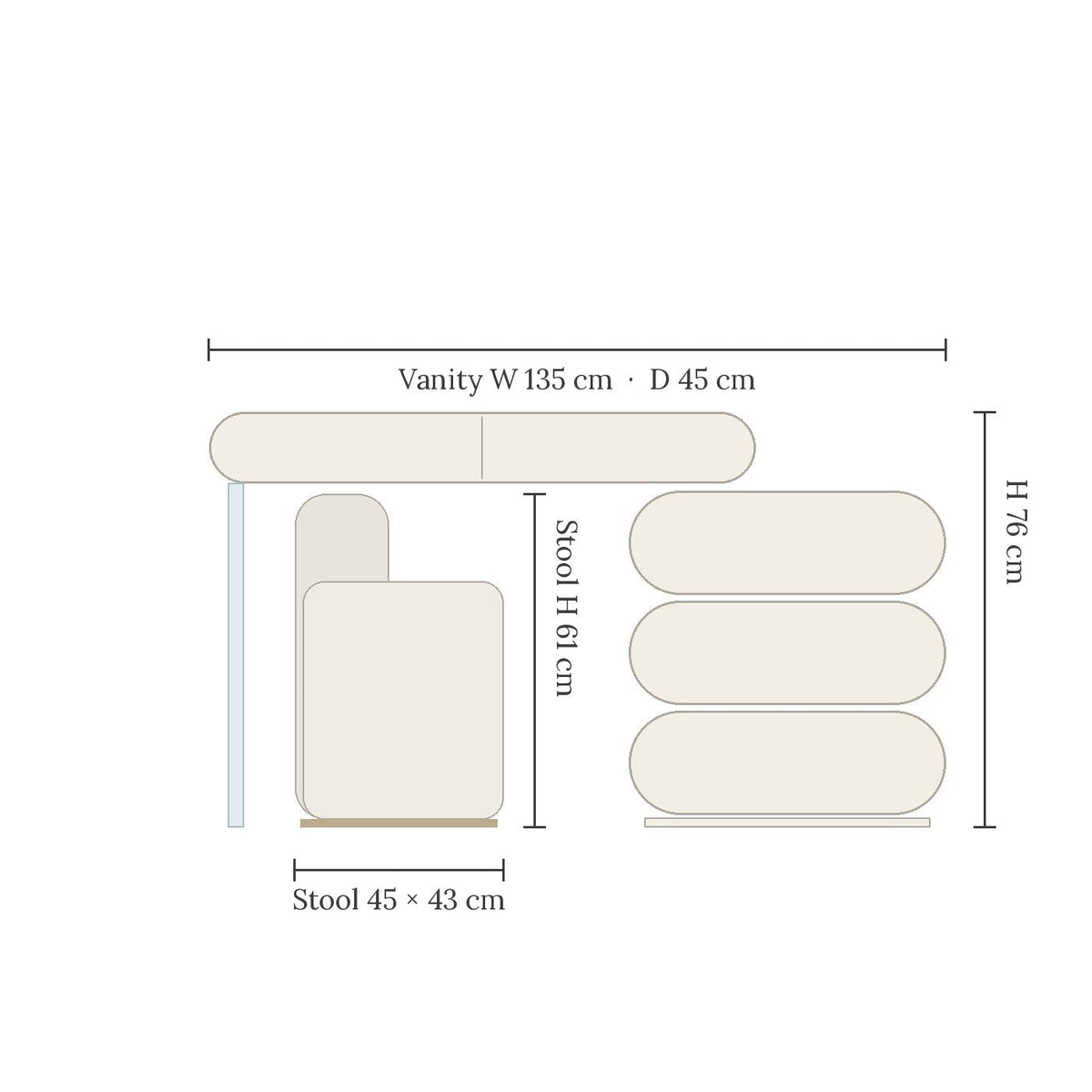 Onda makeup vanity dimensions W 135 x D 45 x H 76 cm, stool 45 x 43 x 61 cm