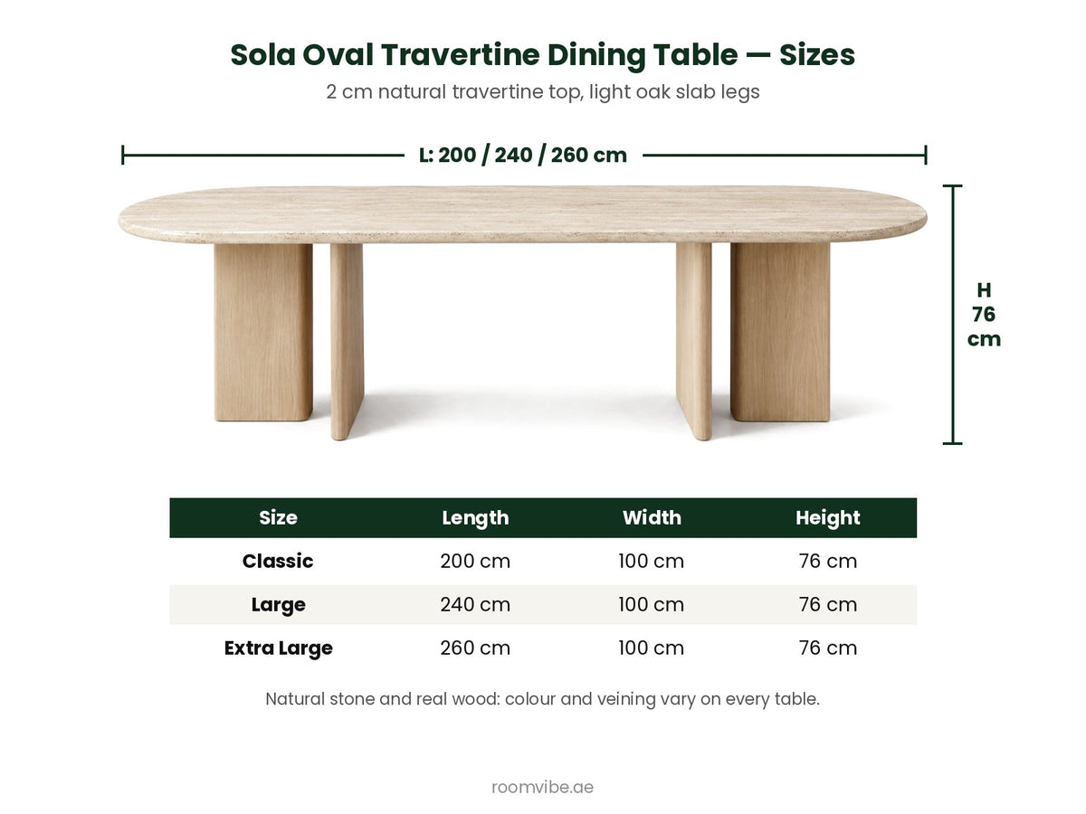 Sola oval travertine dining table sizes: 200, 240 and 260 cm long, 100 cm wide, 76 cm high