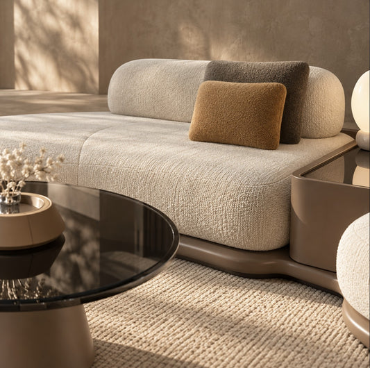 Rimal majlis sofa close-up in cream bouclé with glass coffee table