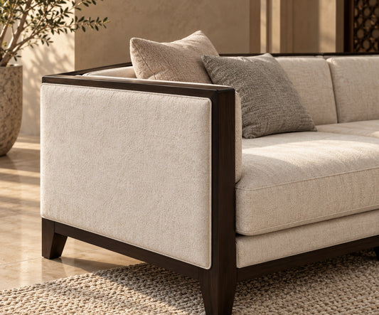 Diwan sofa dark wood frame and fabric detail