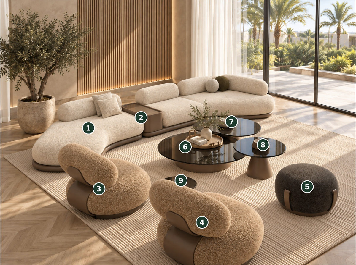 The 9 pieces included in the Rimal majlis set, numbered