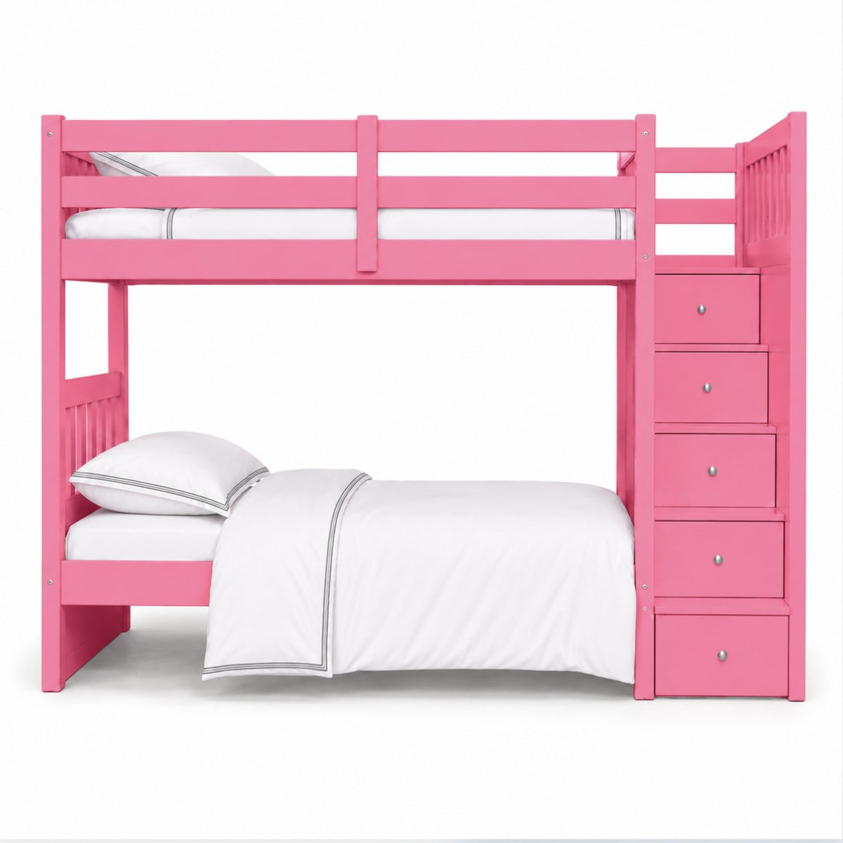 Cove bunk bed with storage stairs in pink, 90 x 200cm, five drawer steps