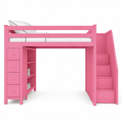 Haven loft bed in pink with drawer stairs, 4-drawer chest and bookshelf, 120 x 200cm