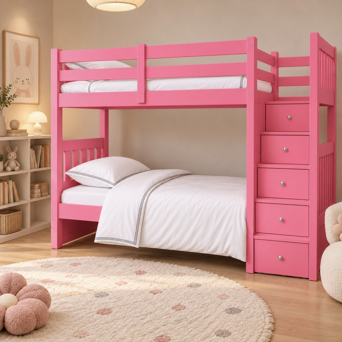 Pink Cove bunk bed with storage stairs in a cosy kids' bedroom in a Dubai apartment