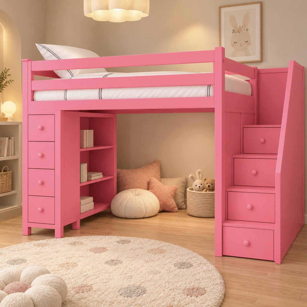 Pink Haven loft bed with a reading nook underneath in a cosy kids' bedroom in a Dubai apartment