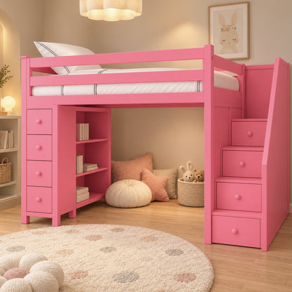 Pink Haven loft bed with a reading nook underneath in a cosy kids' bedroom in a Dubai apartment