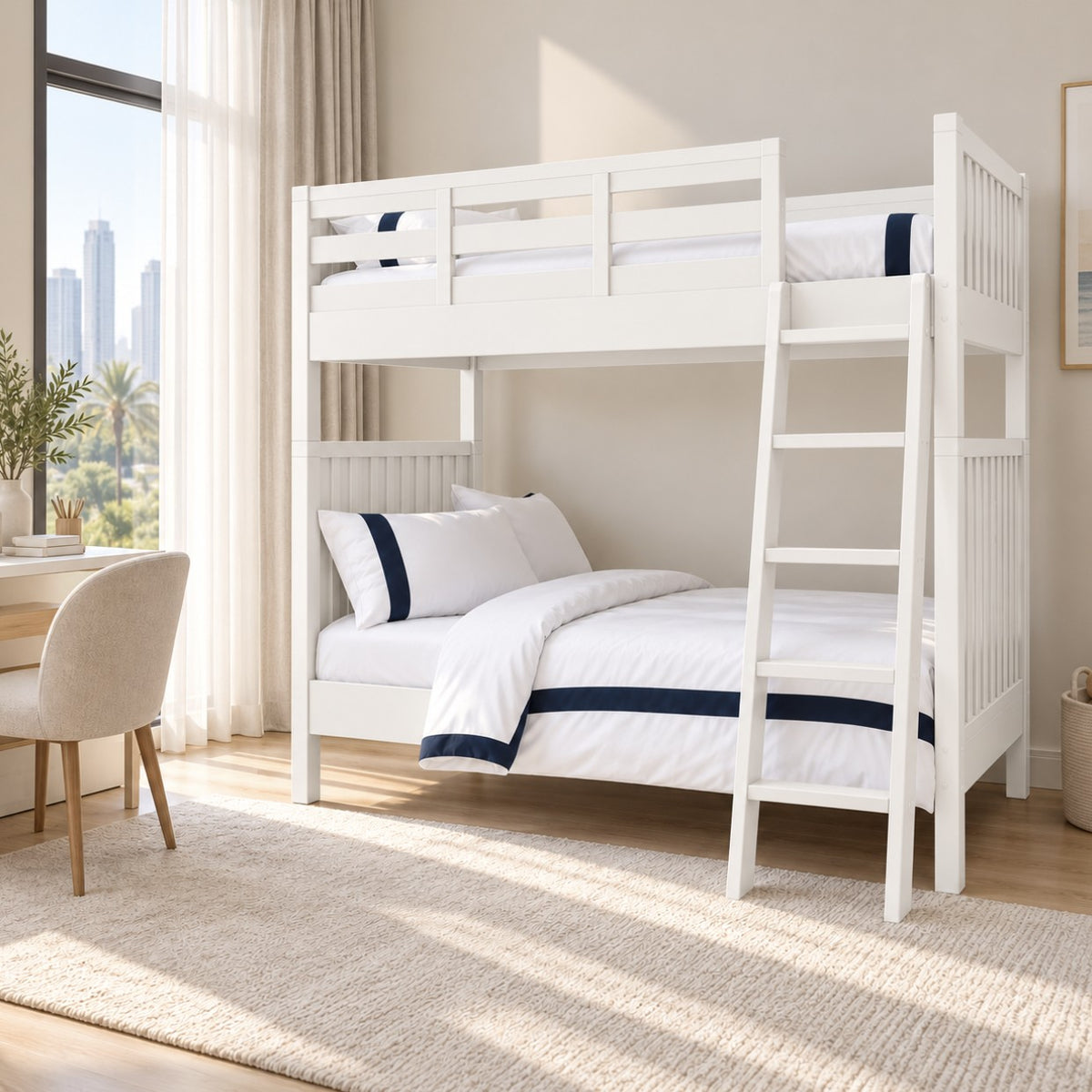 White Juno bunk bed in a bright kids' bedroom in a Dubai apartment