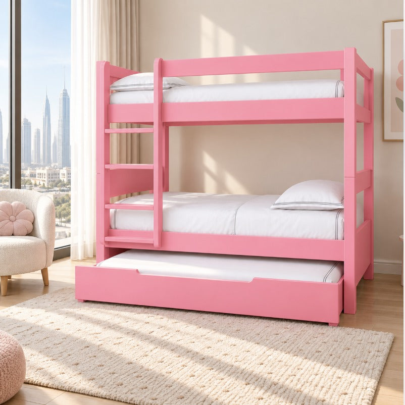 Pink Trio bunk bed with trundle in a bright kids' bedroom in a Dubai apartment