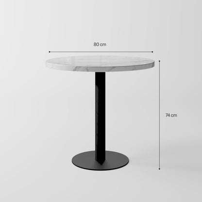 Minimalist Circular White Marble Top Table featuring a Black Column Support