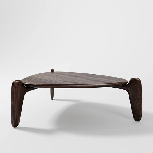 Contemporary Triangular Dark Wood Coffee Table with Sculptural Blade Legs