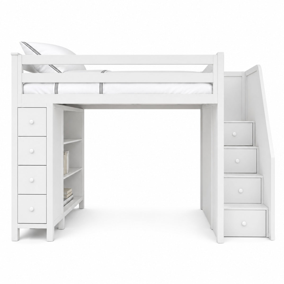 Haven loft bed in white with drawer stairs, 4-drawer chest and bookshelf, 120 x 200cm
