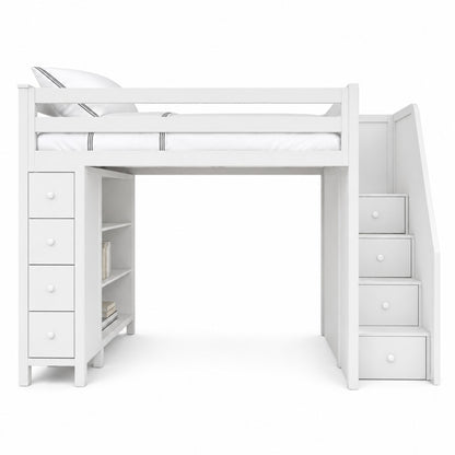 Haven loft bed in white with drawer stairs, 4-drawer chest and bookshelf, 120 x 200cm
