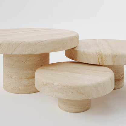Contemporary Round Travertine Coffee Table with Solid Cylindrical Pedestal