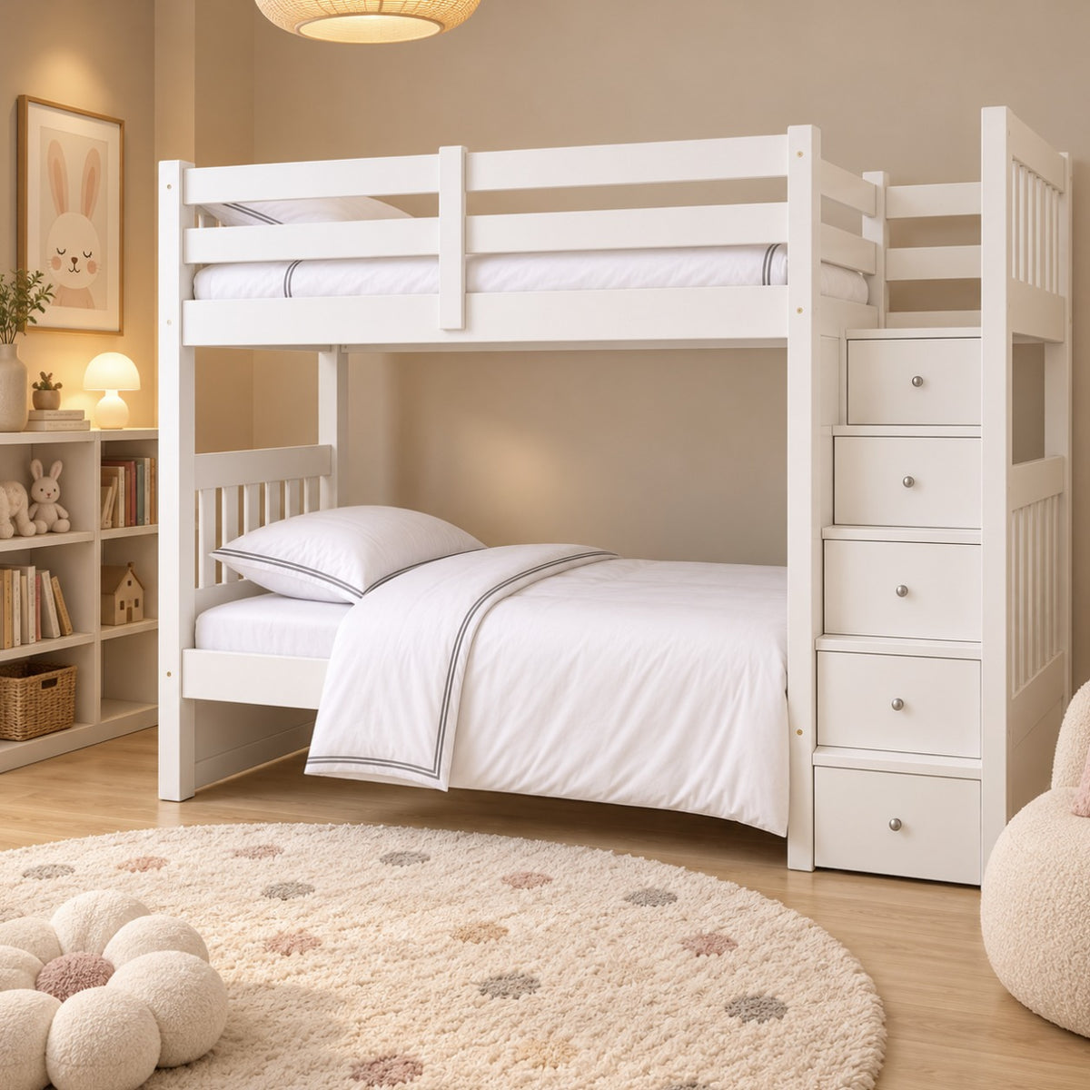 White Cove bunk bed with storage stairs in a cosy kids' bedroom in a Dubai apartment
