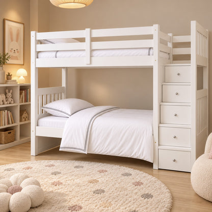 White Cove bunk bed with storage stairs in a cosy kids' bedroom in a Dubai apartment