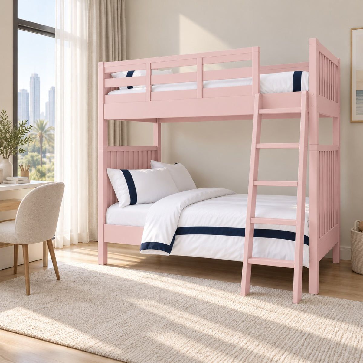 Pink Juno bunk bed in a bright kids' bedroom in a Dubai apartment
