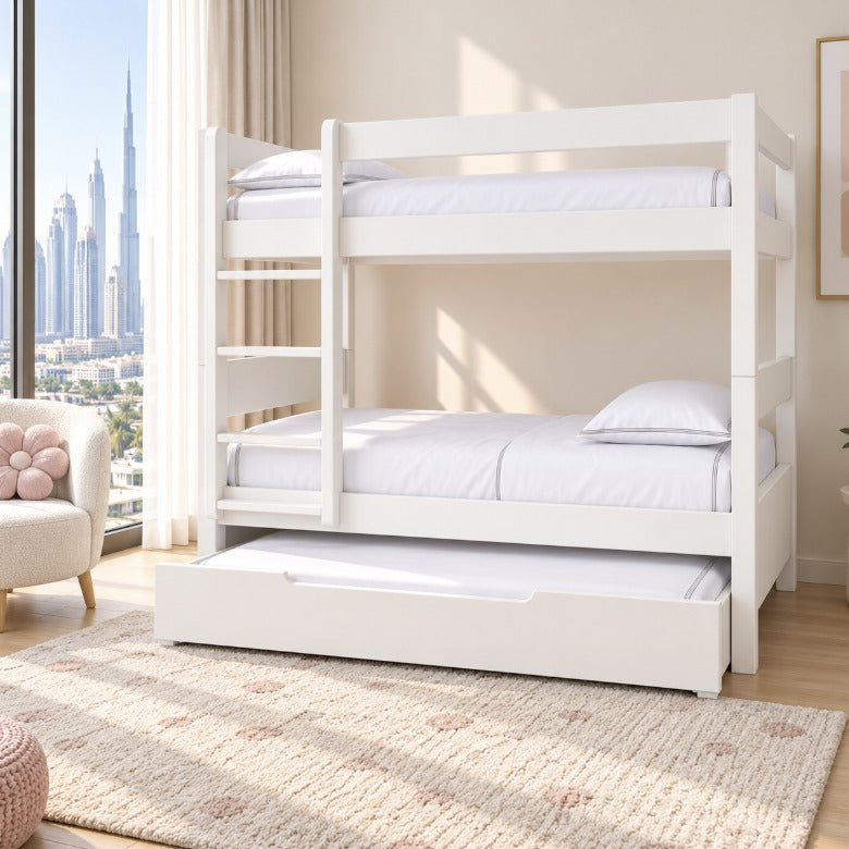 White Trio bunk bed with trundle in a bright kids' bedroom in a Dubai apartment