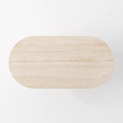 Contemporary Oval Travertine Dining Table with Dual Fluted Pedestal Pillars