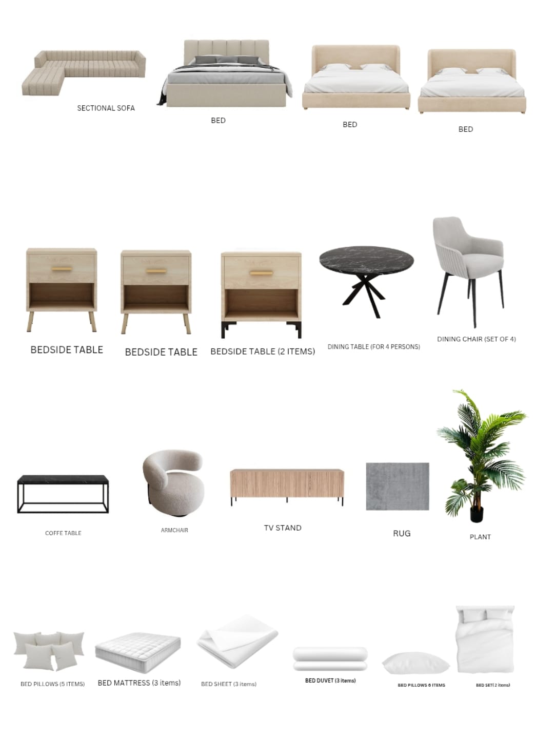 Beige/3-Bedroom/36Items