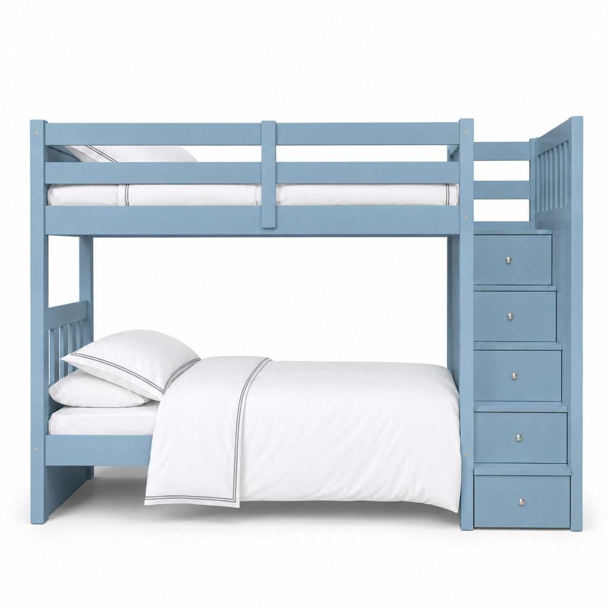 Cove bunk bed with storage stairs in powder blue, 90 x 200cm, five drawer steps