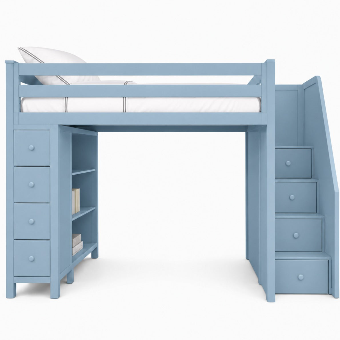 Haven loft bed in powder blue with drawer stairs, 4-drawer chest and bookshelf, 120 x 200cm