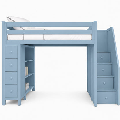 Haven loft bed in powder blue with drawer stairs, 4-drawer chest and bookshelf, 120 x 200cm