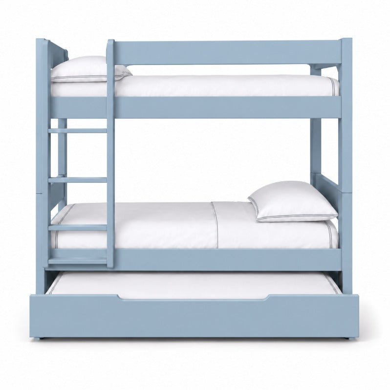 Trio bunk bed with pull-out trundle in powder blue, sleeps 3