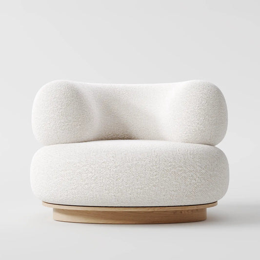 Contemporary Oversized White Bouclé Lounge Chair with Wood Plinth Base