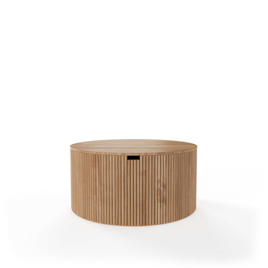 Contemporary Round Oak Storage Table with Vertical Fluted Drum Base