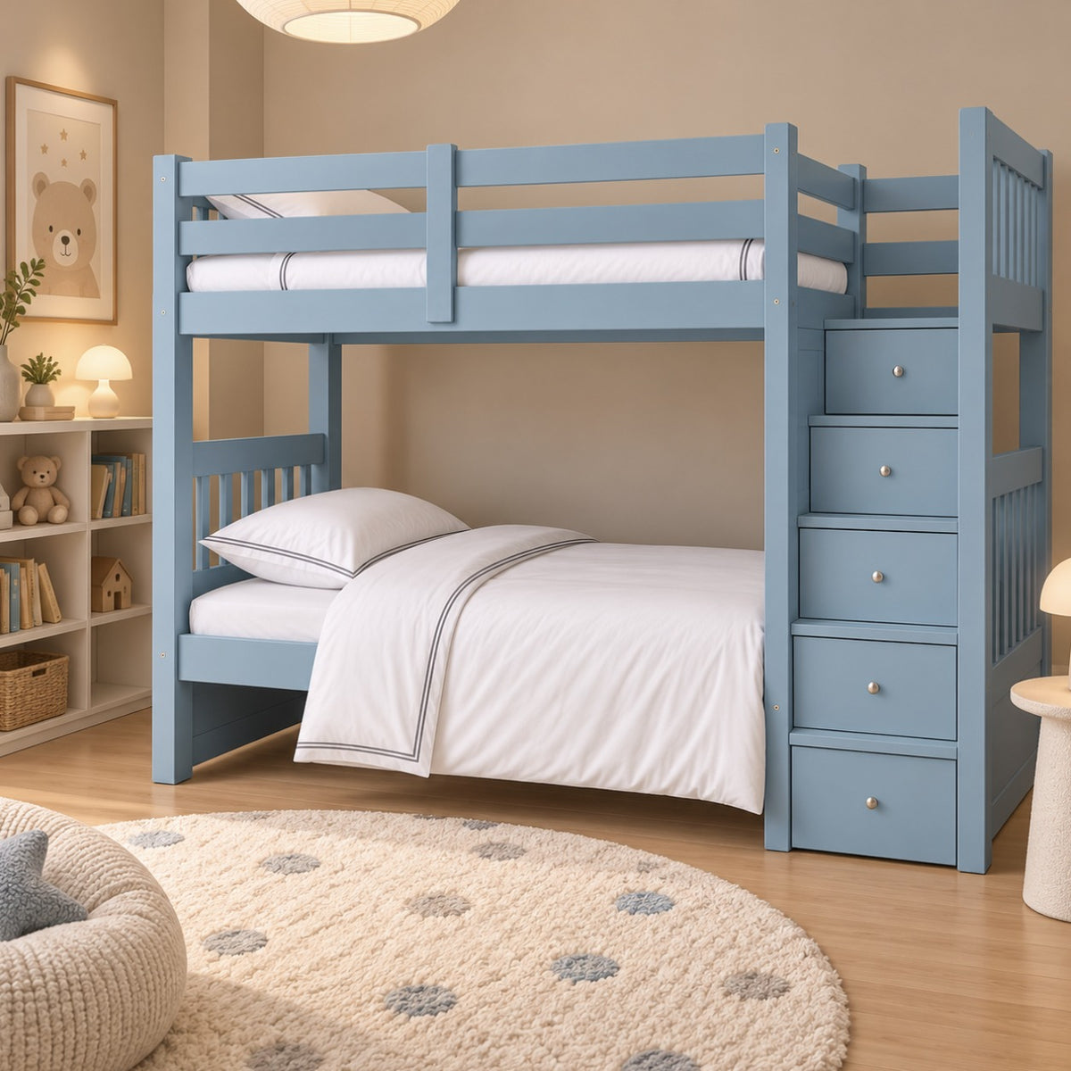 Blue Cove bunk bed with storage stairs in a cosy kids' bedroom in a Dubai apartment