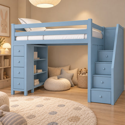 Blue Haven loft bed with a reading nook underneath in a cosy kids' bedroom in a Dubai apartment