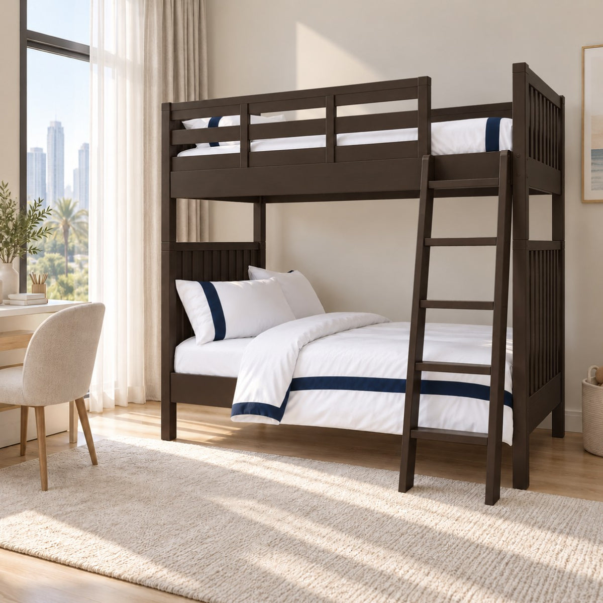Espresso Juno bunk bed in a bright kids' bedroom in a Dubai apartment