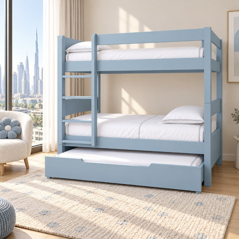 Blue Trio bunk bed with trundle in a bright kids' bedroom in a Dubai apartment