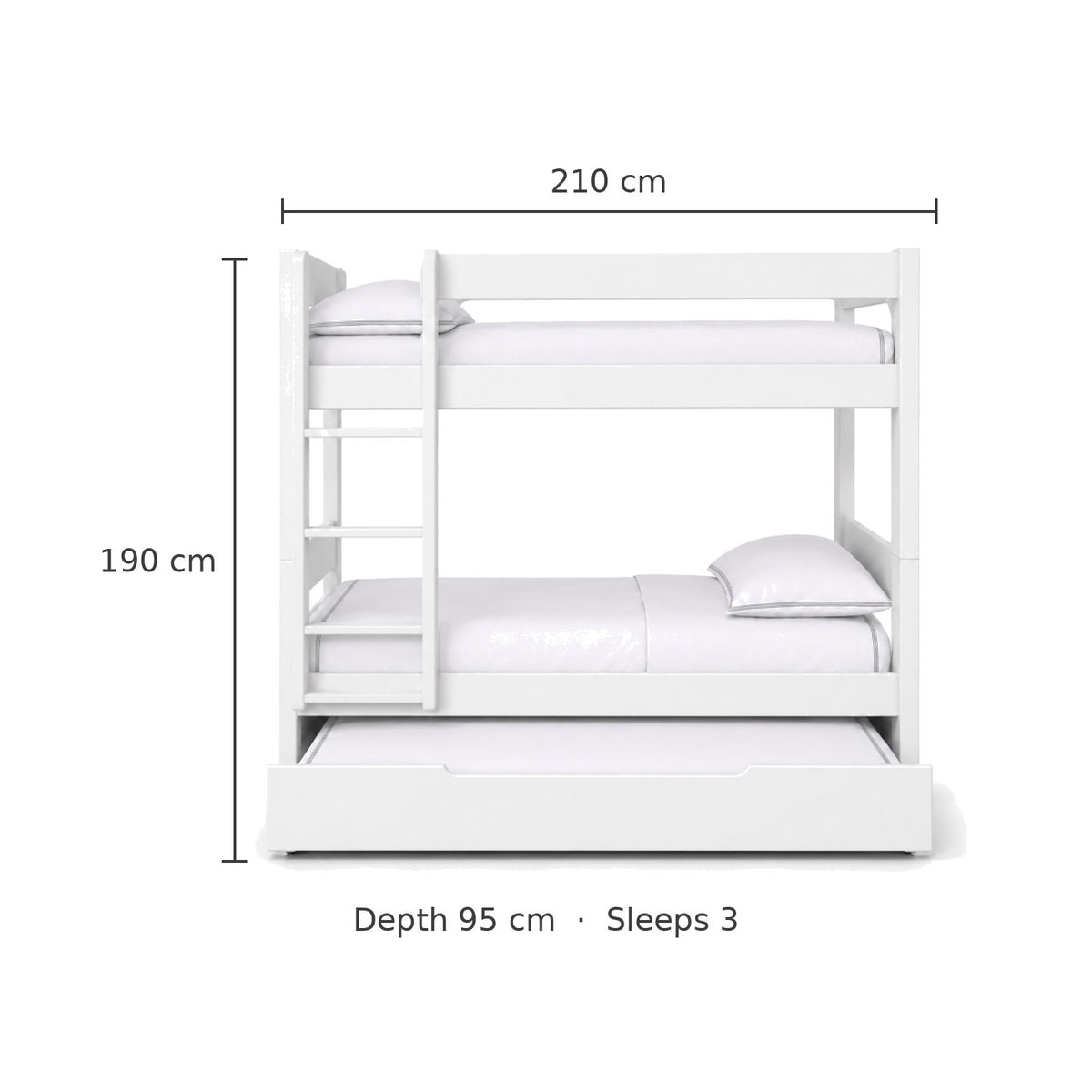 Trio bunk bed size guide: 210cm long, 95cm deep, 190cm high