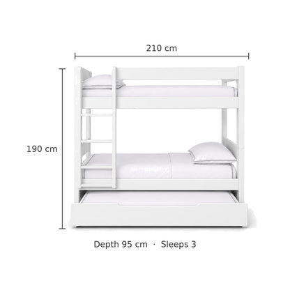 Trio bunk bed size guide: 210cm long, 95cm deep, 190cm high