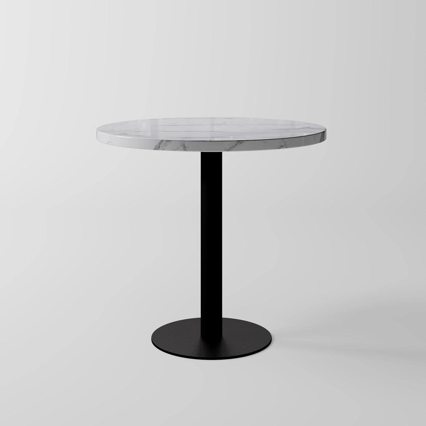 Minimalist Circular White Marble Top Table featuring a Black Column Support