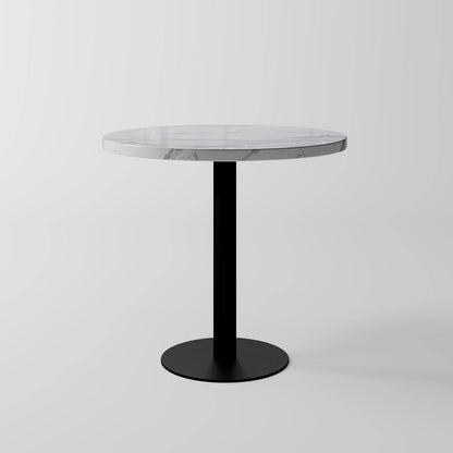Minimalist Circular White Marble Top Table featuring a Black Column Support