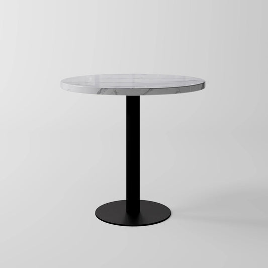 Minimalist Circular White Marble Top Table featuring a Black Column Support