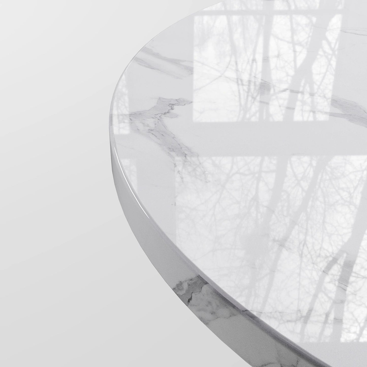 Minimalist Circular White Marble Top Table featuring a Black Column Support