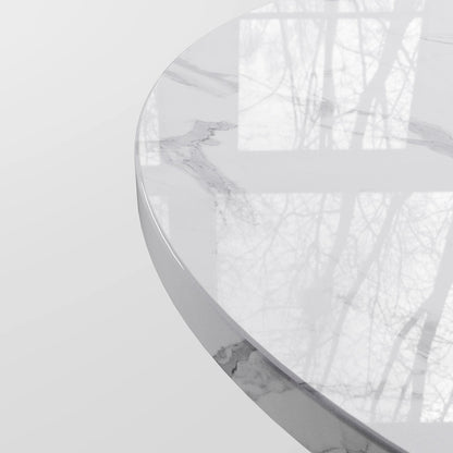 Minimalist Circular White Marble Top Table featuring a Black Column Support