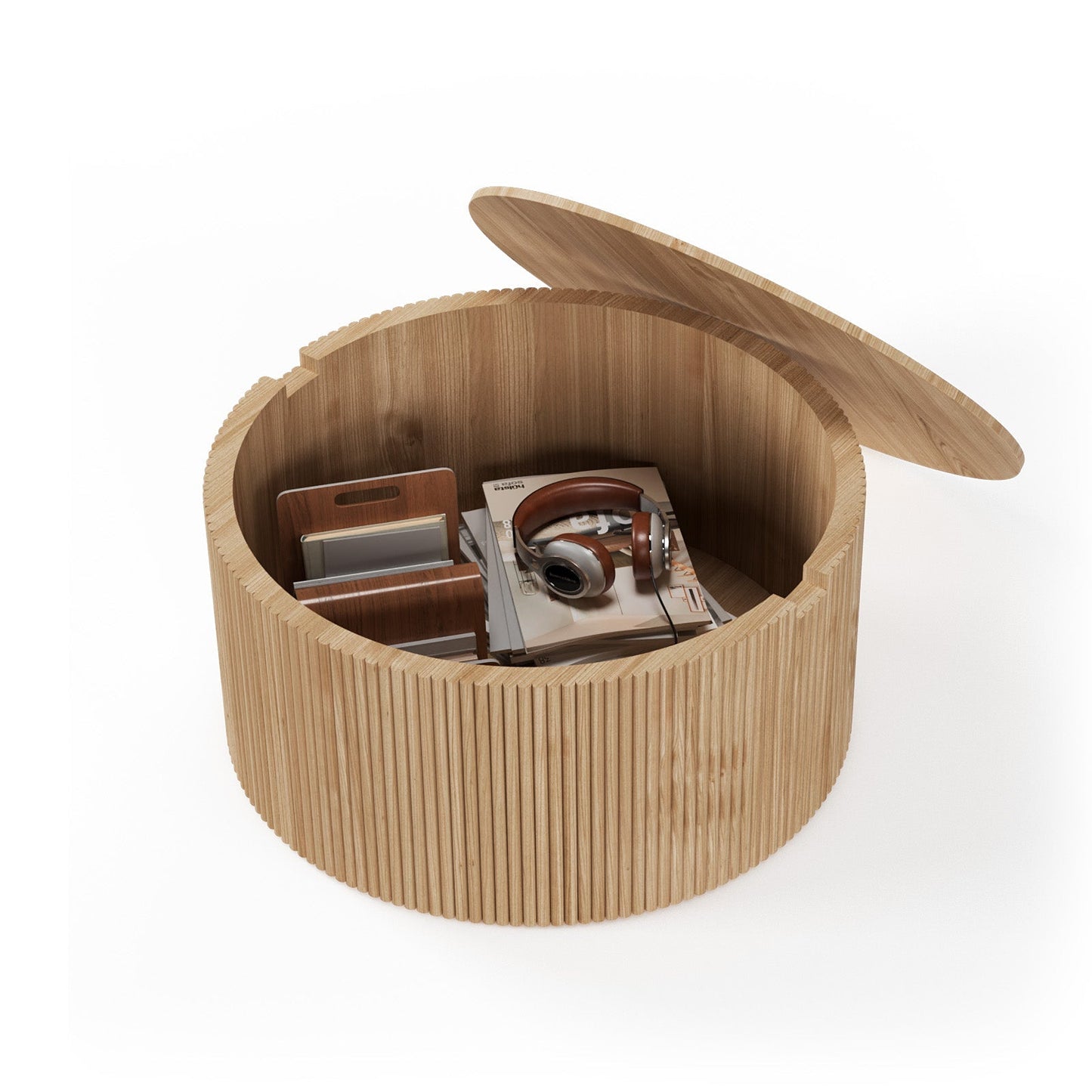 Contemporary Round Oak Storage Table with Vertical Fluted Drum Base