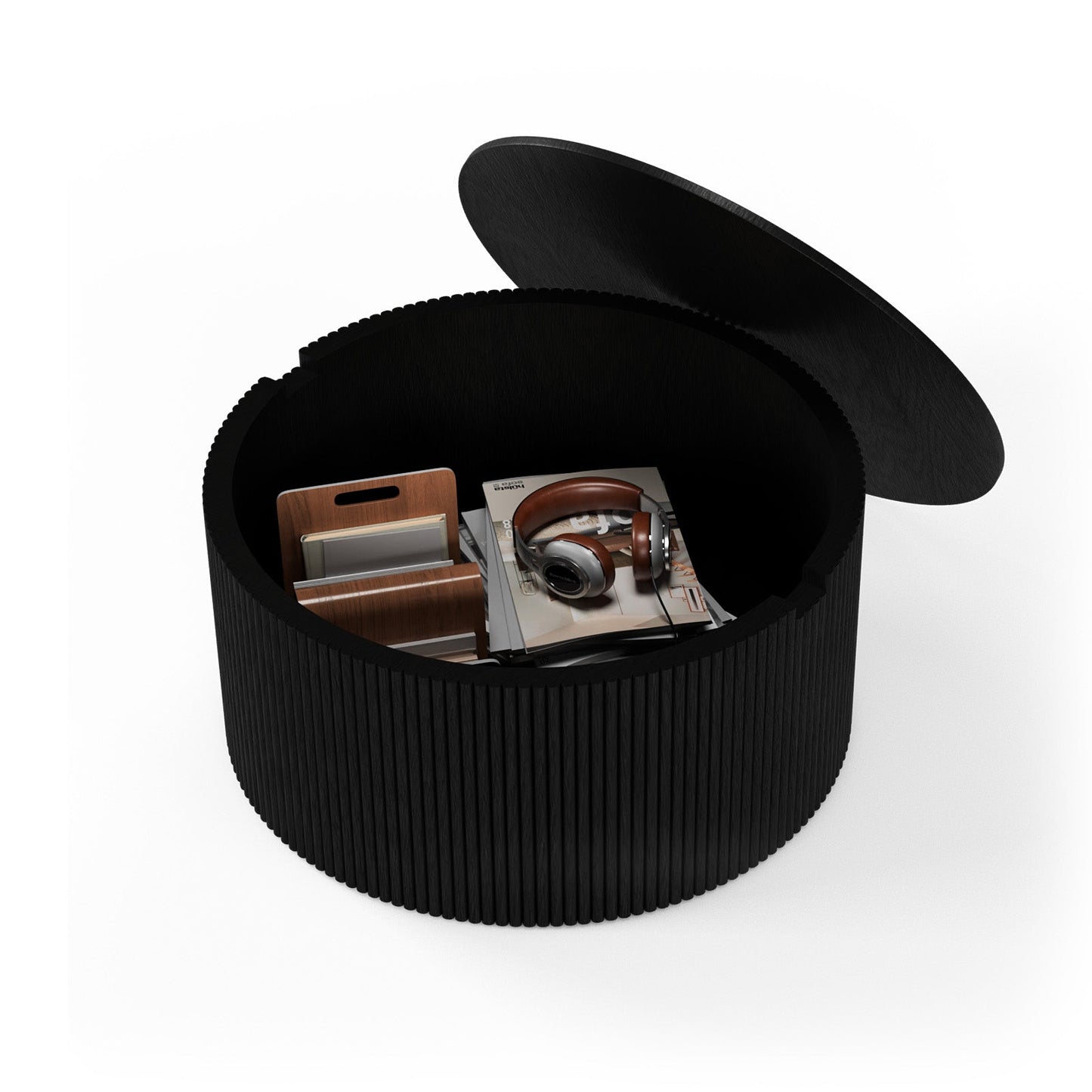 Contemporary Round Oak Storage Table with Vertical Fluted Drum Base