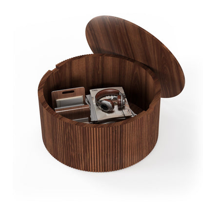 Contemporary Round Oak Storage Table with Vertical Fluted Drum Base