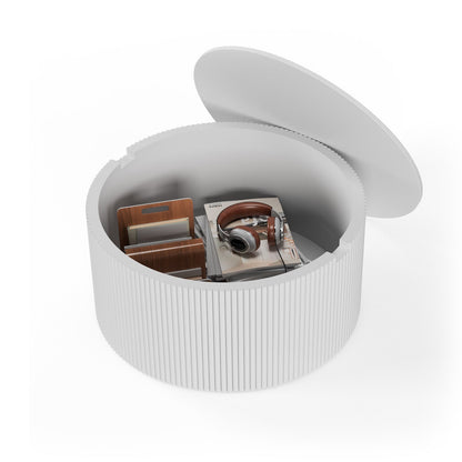 Contemporary Round Oak Storage Table with Vertical Fluted Drum Base